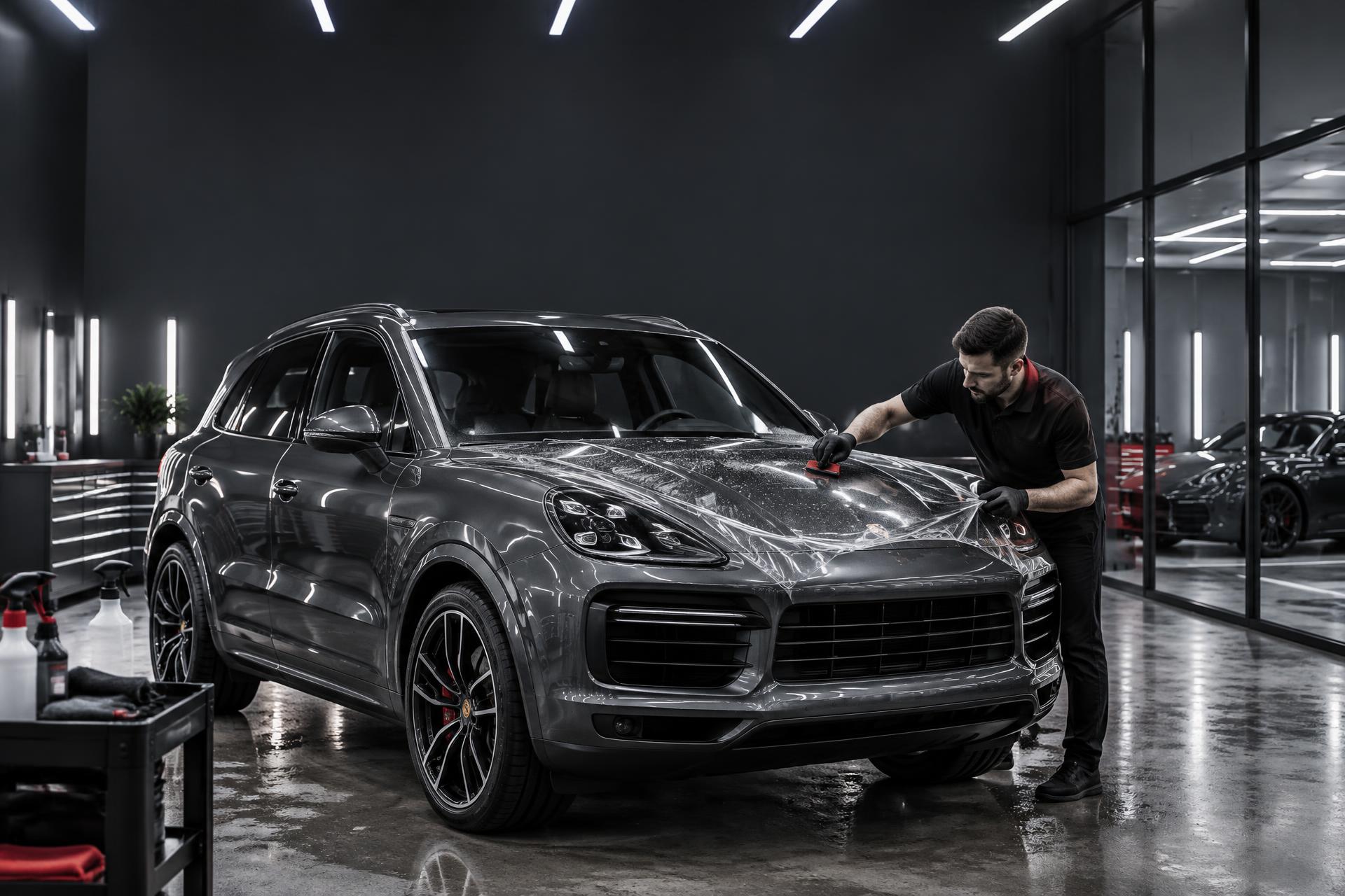 Technician applying paint protection film to a vehicle in a clean studio