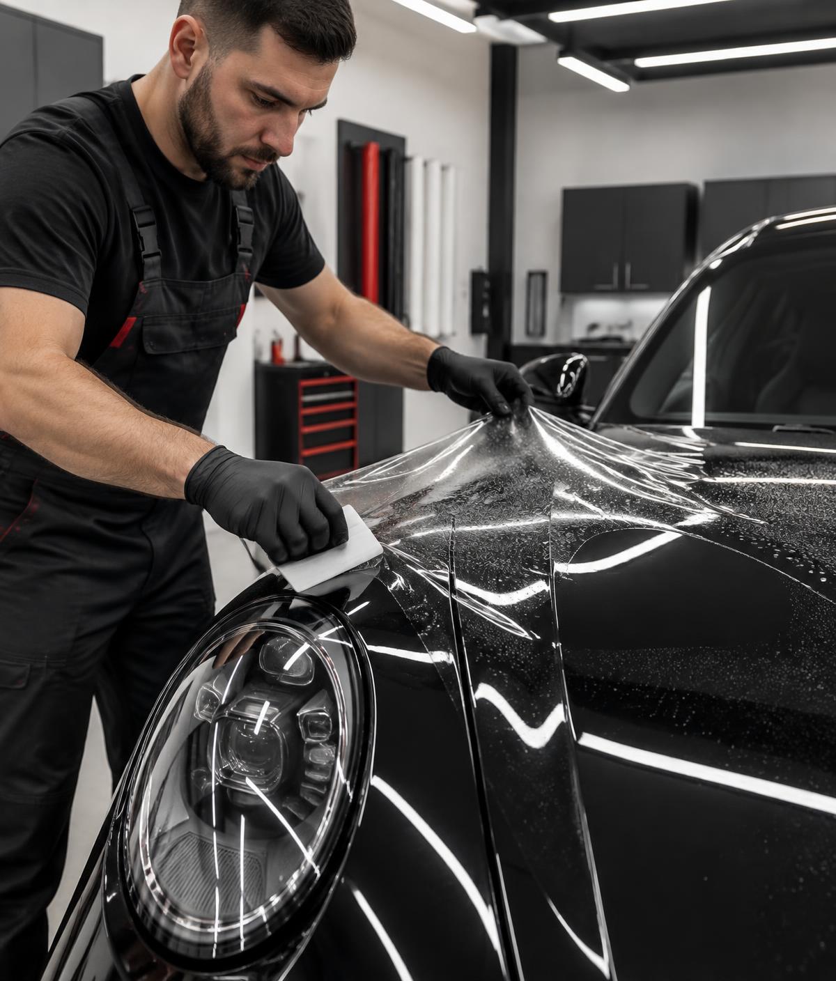 Installer applying paint protection film to a vehicle